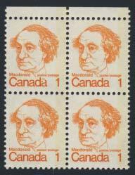 ...est $150 x326 x329 326 ** #587 1973 2c Sir Wilfred Laurier selection of printing flaws, with four corner blocks, each having fl aws which result from perforation misalignment.