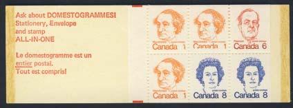 ...est $1,500 397 ** #BK74T1 1972 25c untagged Caricature booklet with variety, with top middle stamp (#586as) missing bottom word Canada,
