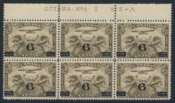 410 */** #C3c 1932 6c on 5c brown olive Air Mail Block of Four with Triple Surcharge.