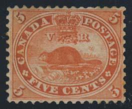 35 37 38 31 * #15 1859 15c vermilion Beaver, mint hinged with full original gum, which has become