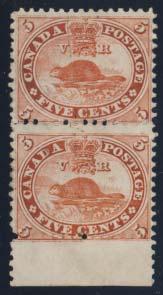 ...unitrade C$450 32 33 34 32 (*) #15 1859 5c vermilion Beaver with plate flaw and reentry, unused no