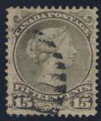 52 53 52 53 #30a 1873 15c greenish grey Large Queen, perf 11½x12, used with grid cancel, very
