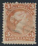 ...unitrade C$500 #33 1868 3c bright red Large Queen on laid paper, used with very light grid cancel
