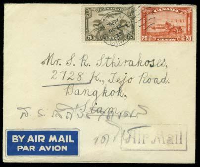 Flown on FAM22 to Lagos, then Sabena to Khartoum and Imperial Airways to Durban. Local carrier from there. Mauritius May 20, 1944 receiver. Minor paper fl aw at right of cover. Not censored.