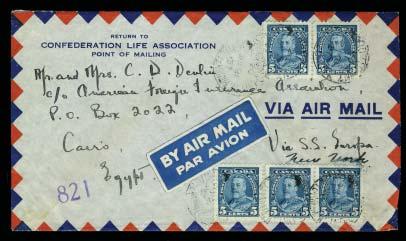 ...est $125 1160 1937 Air Mail covers to Egypt and South Africa, Toronto June 21, 1937 25c rate cover to Egypt and a Montreal Jan 13, 1937 25c rate cover to South Africa. Endorsed via S.S. Bremen.