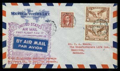 Canada Airmail Covers continued 1177 1178 Canada to Bermuda FAM17 Air Mail cover, mailed Toronto Mar 12, 1938 and rated 15c/¼oz.