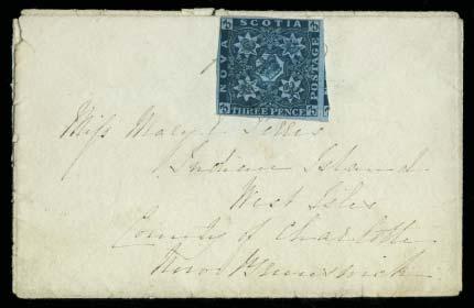 Nova Scotia continued United Kingdom 1248 #2b 1857 3d pale blue Heraldic, with four margins tied to yellow cover from Annapolis DE 15, 1859 to Bridgewater via Halifax (backstamps).