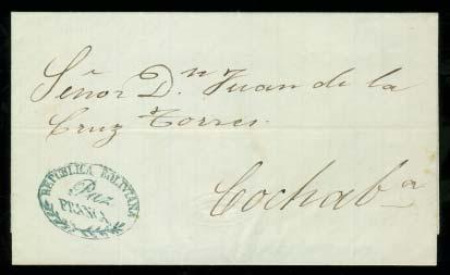 1277 Bolivia 1862 Stampless folded letter, with Republica Boliviana Paz Franca oval cancel in greenish blue, with fl oral ornament at bottom, mailed from la Paz to Cochabamba and dated November 1862.