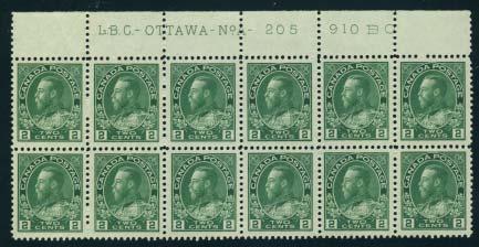 booklet pane....unitrade C$6,750 234 ** #107 1922 2c yellow green Admiral, mint never hinged, very.
