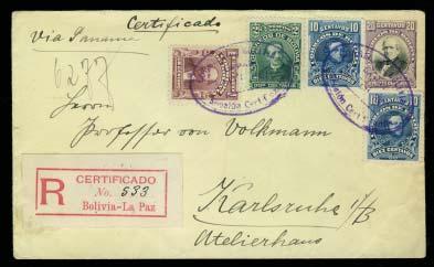 Germany via Tupiza - Buenos Aires 1908, backfl ap missing; H&G #8 with 5c (2) to Oruro 1908; H&G #9 with 1c, 2c and 10c (2) paying