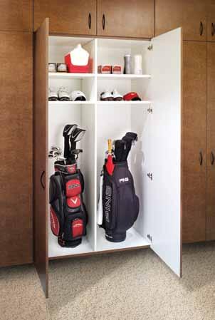 Sturdy wall accessories keep tools within arm s reach. Extra-tall cabinets keep golf clubs in prime condition.