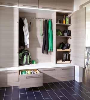 This system is divided into three tidy tiers, with cabinets above for seasonal storage.