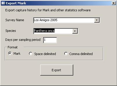 6.4 Exporting data for analysis in other programs Camera Base has a variety of options for exporting the data in the correct format for analysis in a variety of software packages such as Mark,
