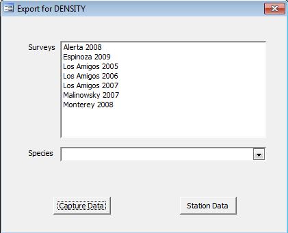 Export for DENSITY This option lets you export capture-recapture data to DENSITY. Data from multiple surveys can be combined and each survey will show as a session in Density.
