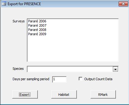 Export for Occupancy Analysis This option lets you export the data to PRESENCE (http://www.mbrpwrc.usgs.gov/software/presence.html) for occupancy analysis.
