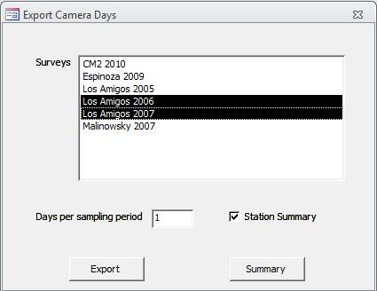Export Camera Days Based on the camera day information entered (see 5.6) this report shows a summary of the start and end date as well as the exact number of cameras days for a survey.