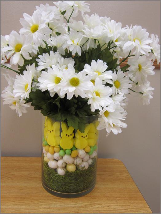 Bunny Peeps Flower Arrangement Use two glass vases that fit inside each other with about 3/4-1 between the two.