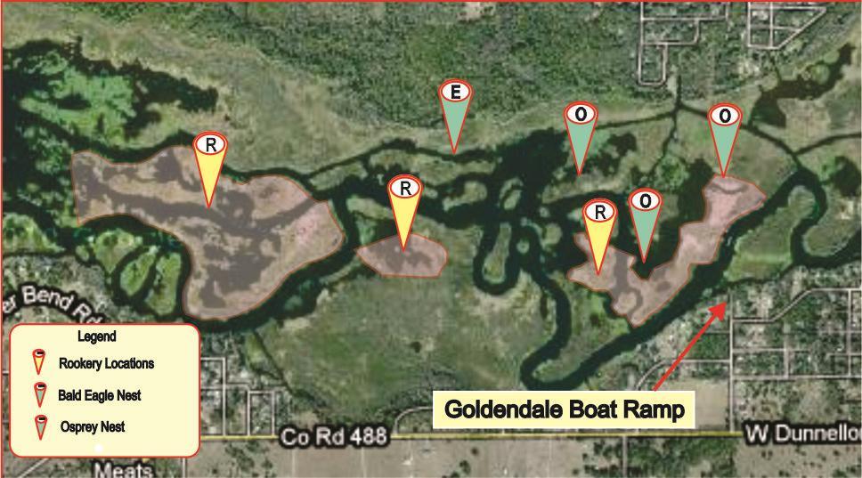 Known water bird rookery sites (R) in 2010 plus Bald eagle (E) and Osprey nests (O) in use during that season.