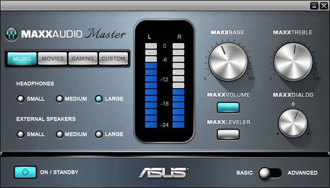 MaxxAudio Views MaxxAudio Audio Wizard offers controls for essential functions such as turning MaxxAudio on or off,