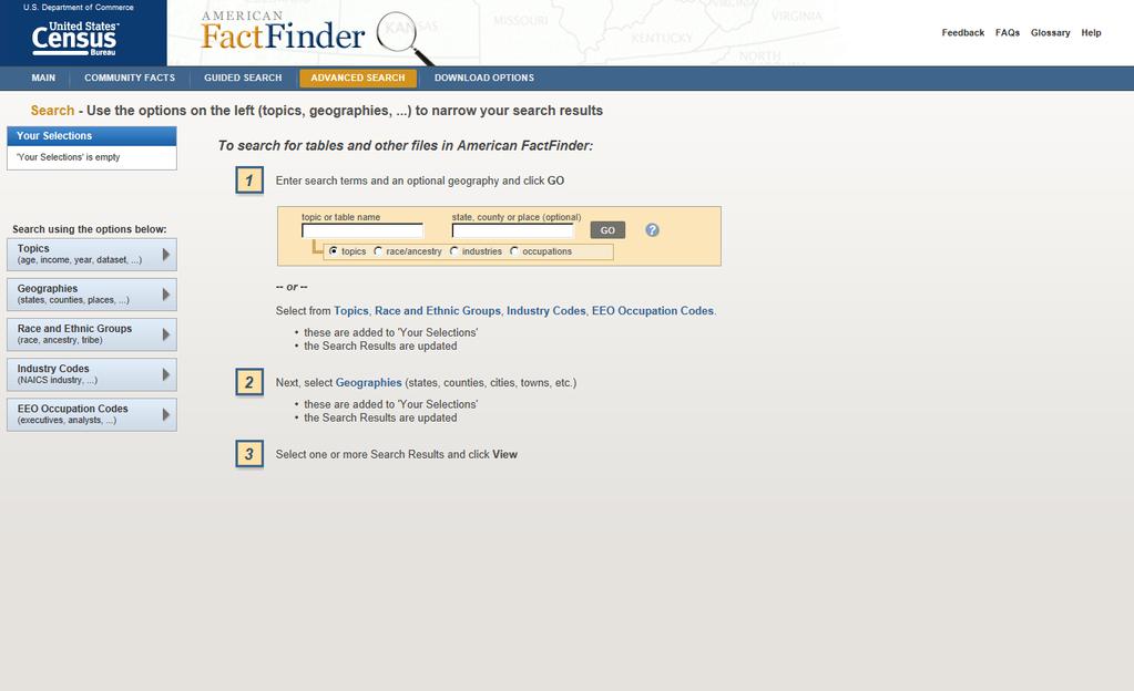 Advanced Search page Filter bars facilitate searches. Object is to select filters, such as Topics, to refine search.