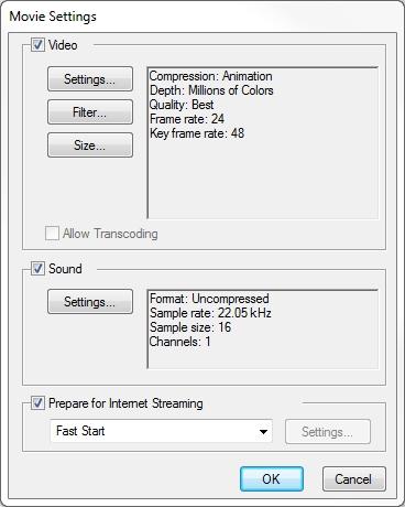 Parameter Description Enables the customization of the video settings, filters and size. Video Settings: Opens the Standard Video Compression Settings dialog box (see below).