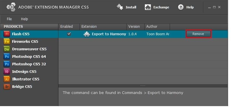 If you have a previous version of the Export to Harmony.zxp extension installed, it will be listed in the right pane. 4.