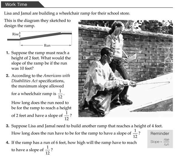 Lesson. The run would have to be 8 feet. Again, this problem involves finding an equivalent ratio to, this time with a numerator of. STUDENT EDITION, page. The ramp will reach half a foot.