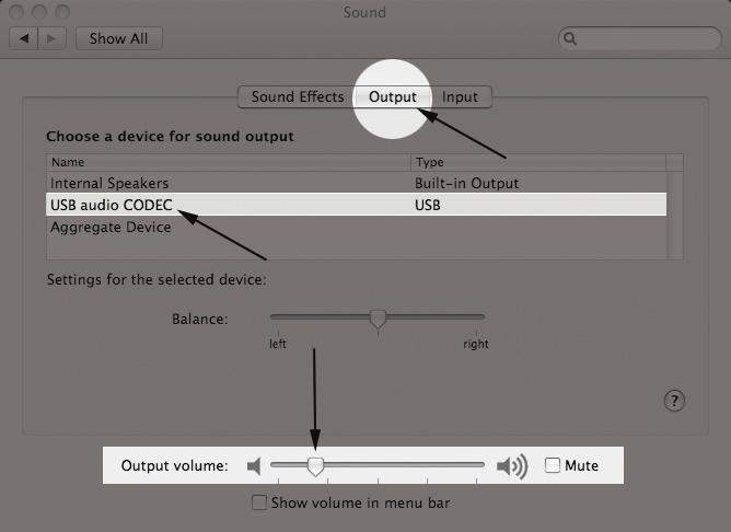 3. Click on the Output tab, then select the device named USB Audio CODEC. You can adjust the headphone volume by moving the fader labeled Output Volume. 4.