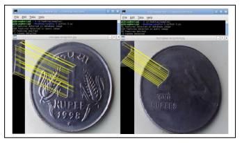 6, shows the one rupee and two rupees coin recognition. On the left side query coin image has 998 keypoints detected and the reference coin image has 27 keypoints detected.