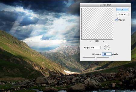 Go to Filter > Blur > Motion Blur and adjust the angle to around 60 degrees.