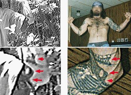 Photographic Examinations Unique characteristics such as tattoos can be used to identify suspects. On the top left is an image from a surveillance videotape depicting an unknown individual s left arm.