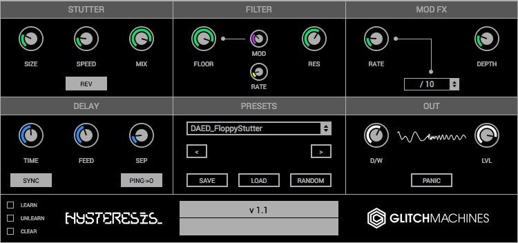 HYSTERESIS INTERFACE OVERVIEW: The input signal first goes through a delay line on each stereo channel, but instead of sending the output directly back into the delay line, the resulting signal is