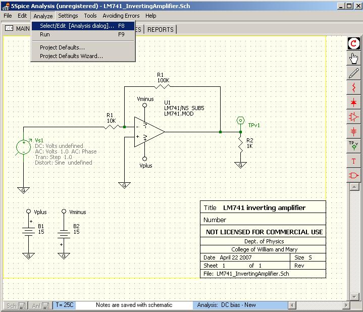 B. Circuit analysis We are now ready to analyze the ideal theoretical performance of our LM741 inverting amplifier circuit.