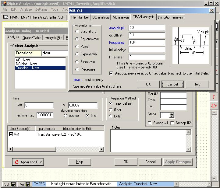 Figure 12.20: Transient analysis parameter selection for square wave input.
