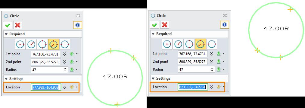 So in location input, you can drag the mouse to select the needed circle, see the Figure 22. Figure 22 2Points-Radius method 2.