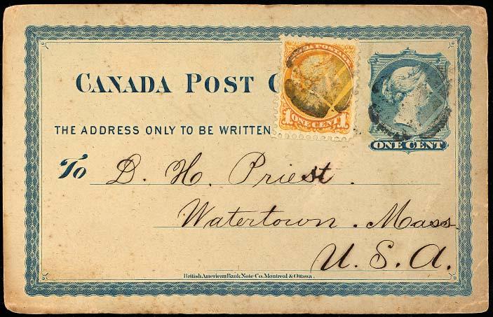 Item #10. ca1871 2c postcard rate to Watertown, Mass, USA.