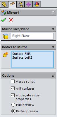 In the Bodies to Mirror selection list, select the lofted and filled
