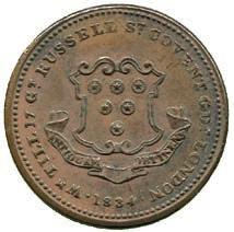 259 London, Numismatics, William Till, Covent Garden, Halfpenny-sized Copper Tokens (2), 1834, arms, rev DEALER IN ANCIENT & MODERN COINS MEDALS ANTIQUITIES, within wreath, 29mm, edges grained and