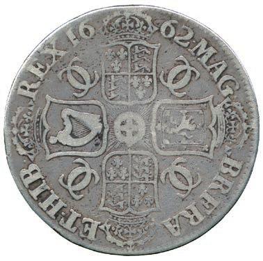 crown over top English shield, edge inscribed in raised letters and dated 1662 (ESC 15A; S 3350).