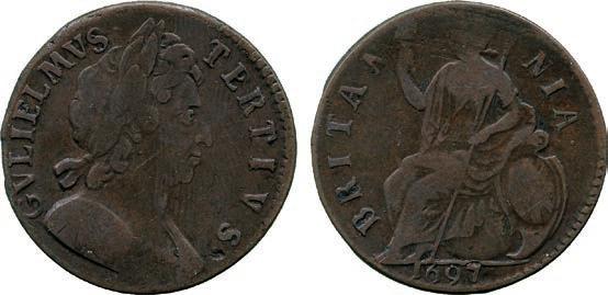 80-100 172 William III, Halfpenny, 1697, laureate and cuirassed bust right, rev Britannia seated left on