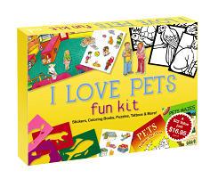 I Love Pets 71 stickers, tattoos, and stencils, over 150 puzzles, mazes, and follow-the-dots, Invisible Pets Magic Picture Book, 3 coloring books including a stained glass edition, and How to