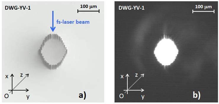 Fig. 22 Imagini ale ghidului de unda DWG-YV-1 (0.5-at.% Nd:YVO 4, 6.9 mm): a) Imagine la microscop; b) Imagine a suprafetei de iesire, in care se observa pompajul optic care este concentrat in ghid.