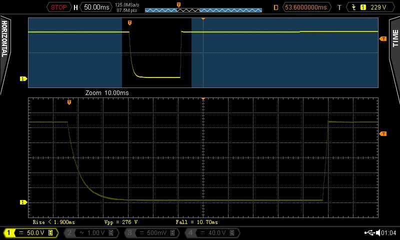 Programmed DC Voltage Ramp This scope screen image shows the DV voltage ramping from 0Vdc to 270Vdc using a slew rate of 54Vdc/sec over a 5 second period.