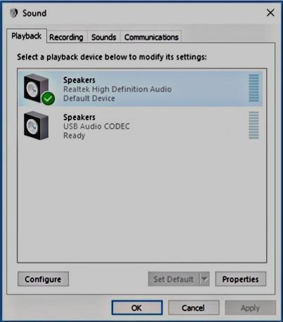 In the "Sound" window that opens, select the "Playback" tab as shown below in Figure 2. In the "Sound" window, select the "Recording" tab as shown below in Figure 3.
