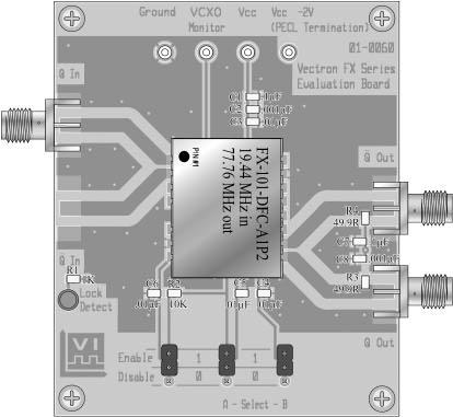 Evaluation Board Ground VCXO Monitor Supply Voltage PECL Load Voltage: Vcc- 2V Input Frequency Edge Mount SMA 3 Places Output Frequency LED Lights Up When Locked For FX-101 with PECL output Place
