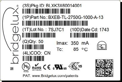7 cm x 15 cm Figure 17: Product Labeling Bridgelux Vesta Series Tunable White Linears contain markings for internal Bridgelux manufacturing use only.