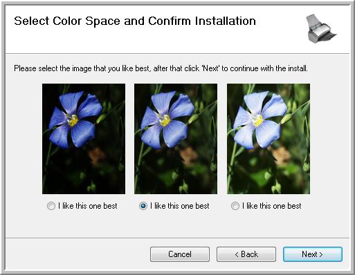 Installation 5. During installation you will see this window asking you to select one of the images for your Color Space setting. 6. Select the option that looks best to you and click Next. 7.