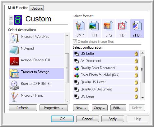 Scanning NOTE: Not all Destination Applications have the spdf and npdf options. The settings for the button (button 8 in this example) now show your page format selection.