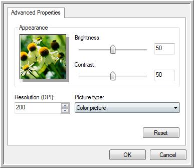 Scanning with the WIA Interface The Advanced Properties dialog box opens. 2. Select the options for scanning.