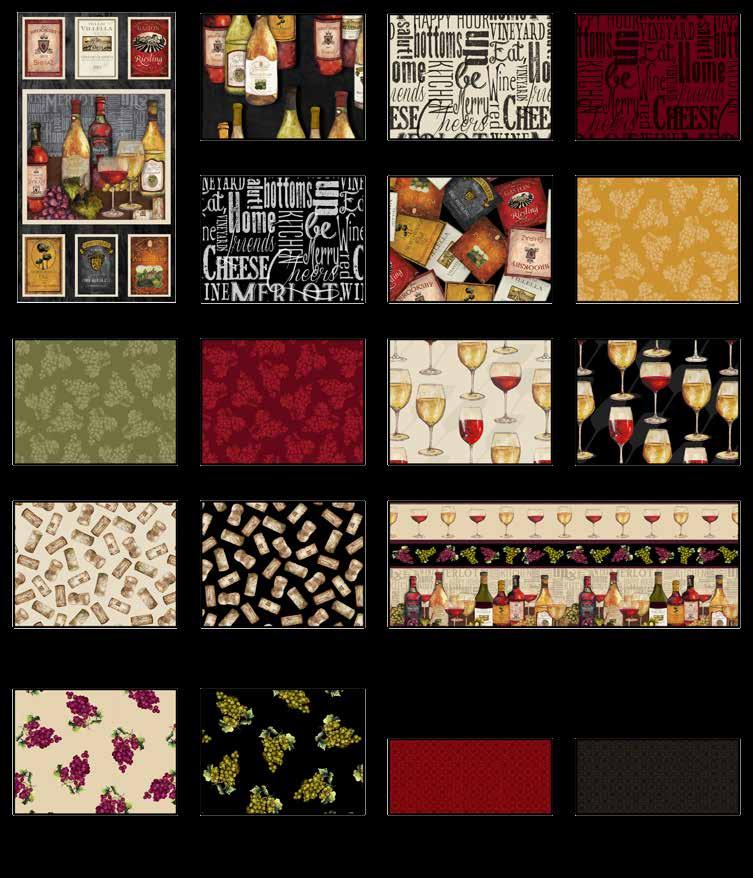 Vintage Fabrics in the ollection Finished Quilt Size: 48 x 66 Finished Wine ag Size: 6 x 11 Wine ottles - lack 1131-99 Words - cru 1132-40 Words - Wine 1132-85 24